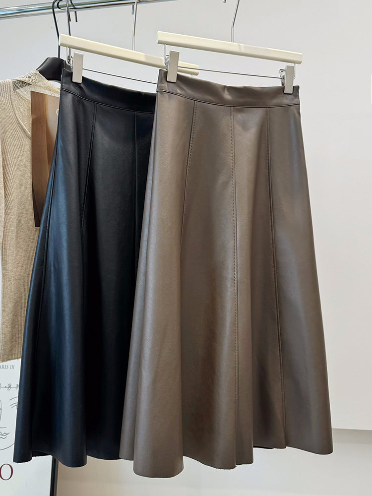 Draping French Skirt Retro Office High Waist Hepburn Faux Leather Skirt Women Autumn Soft Slimming A Line Umbrella Skirt