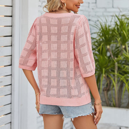 Ropa de verano para mujer, suéter tejido con cuello redondo, ropa de protección solar ahuecada, blusa