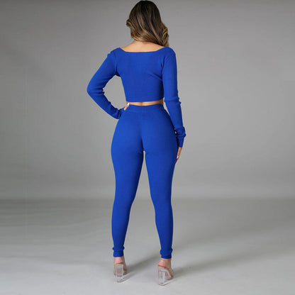 Bleu côtes épingle de sûreté femmes deux pièces costume Sexy découpe manches longues haut court pantalon costume