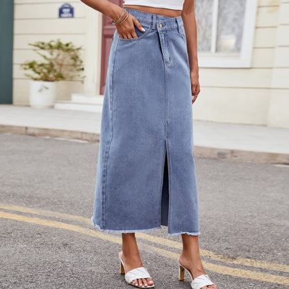 Ropa de mujer Vestido largo con abertura de mezclilla asimétrica irregular lavada de verano