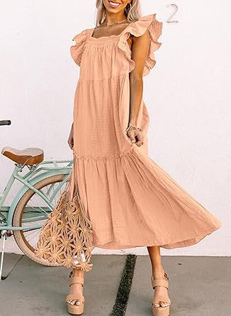 Women Clothing Flying Sleeve Square Collar Off Shoulder Pleated Hem Dress