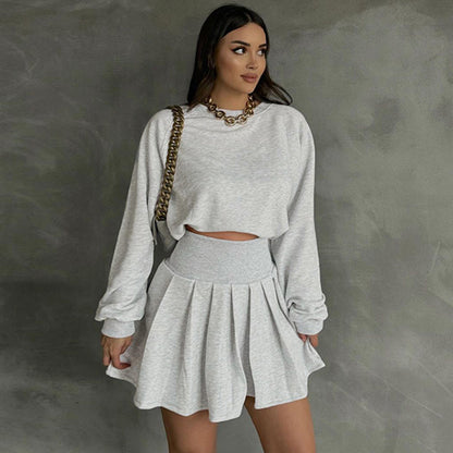 Autumn Winter Solid Color Long Sleeved Sweater Pleated Skirt Two Piece Set Casual Set Women