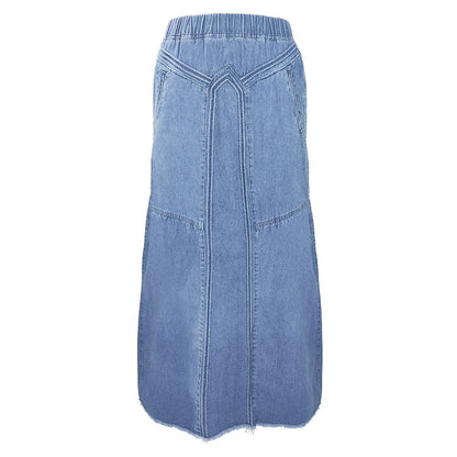 Women pring Summer Denim A Skirt Binding Tape Brushed Elastic High Waist Simple All Match Long Skirt