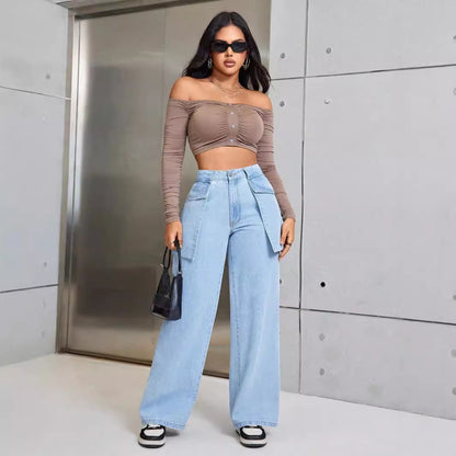 Women Clothing Casual Wide Leg Large Pocket Denim Trousers