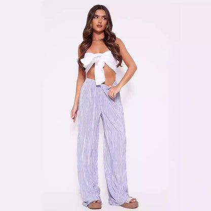 Pantalones anchos de verano para mujer, pantalones casuales de satén plisado de lujo de alta calidad