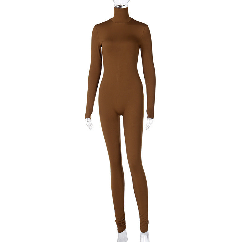 Autumn Winter Solid Color Tight Long Sleeve Fleece Lined Jumpsuit Women Clothing Yoga Bodysuit