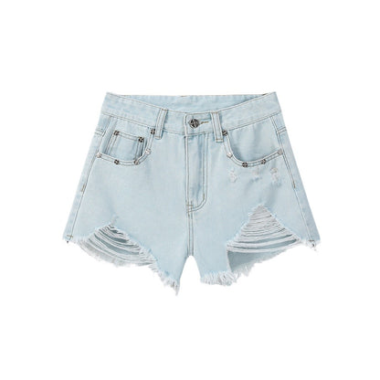 Summer Light Colored Shorts Tassel Raw Hem Ripped A line Denim Shorts Women Pants Shorts