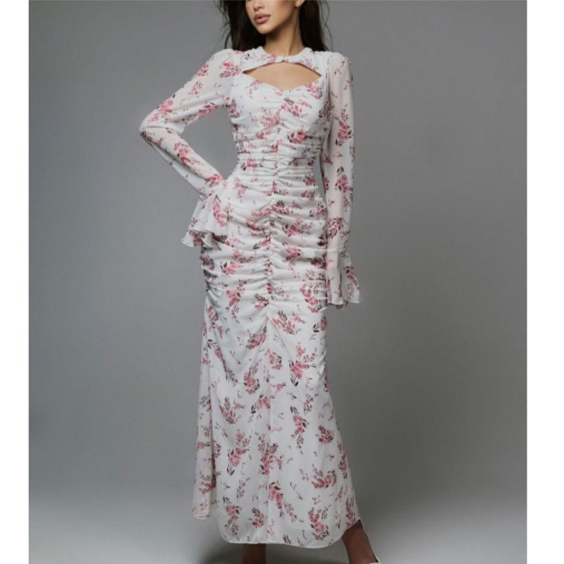 Vestido largo plisado de gasa con estampado avanzado para mujer Primavera Verano