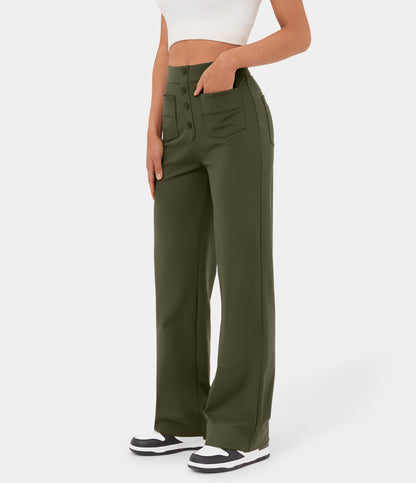 Ropa de mujer Pantalones casuales rectos de cintura alta con botones y múltiples bolsillos para mujer de alta elasticidad