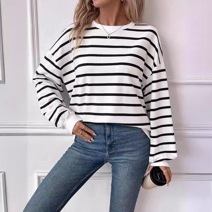 Women Clothing Autumn Winter Oversized Loose Casual Striped Bathroom