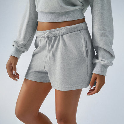 Autumn Winter Casual Sports Solid Color Pullover Long Sleeve Sweater Shorts Set Women