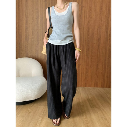 Summer Holiday Ruffle Linen Blended Lazy Relaxed Striped Casual Wide Leg Pants