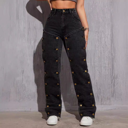 Pantalon cargo droit détachable en denim non extensible hip-hop avec coutures multi-boutons