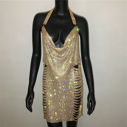 Ropa de mujer, vestido Popular de Metal con diamantes de imitación, vestido Sexy para fiesta y discoteca, vestido Halter para mujer