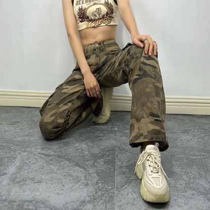 High Street Camouflage vêtements de travail personnalité poche jean femmes rue Hipster jambe droite pantalon pantalon