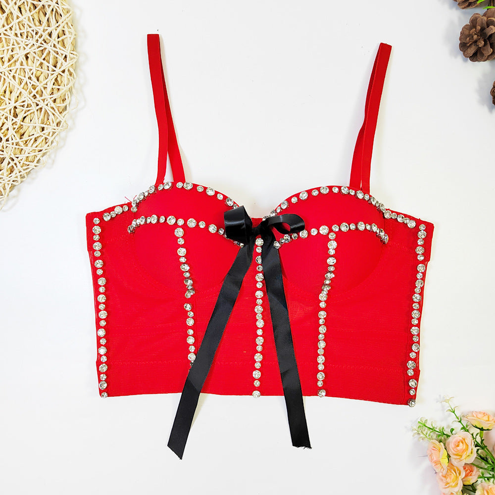 Haut tubulaire Sexy avec nœud papillon intégré et diamants, Design français, Niche pour boîte de nuit, hauts tendance pour femmes, soutien-gorge Corset à désossage perlé