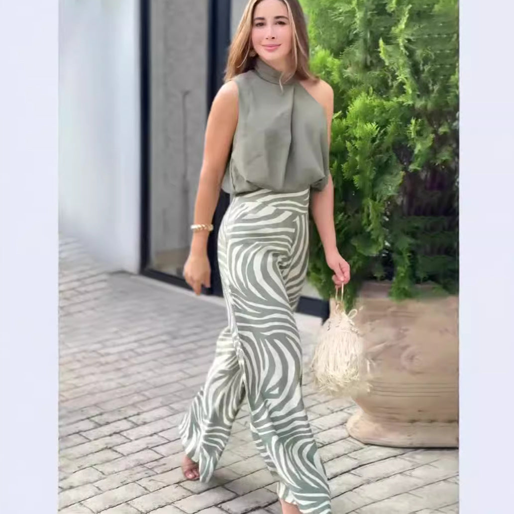 Summer Sleeveless Halter Top Zebra Print Wide Leg Pants Two Piece Set Women Clothing