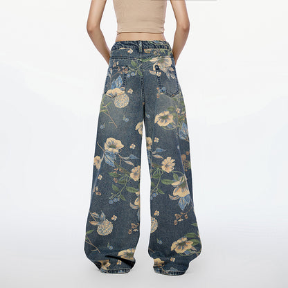 Women Same High Street Floral Wide Leg Jeans Printed Loose Fitting Nine One Mouth Two Leg Mop Pants