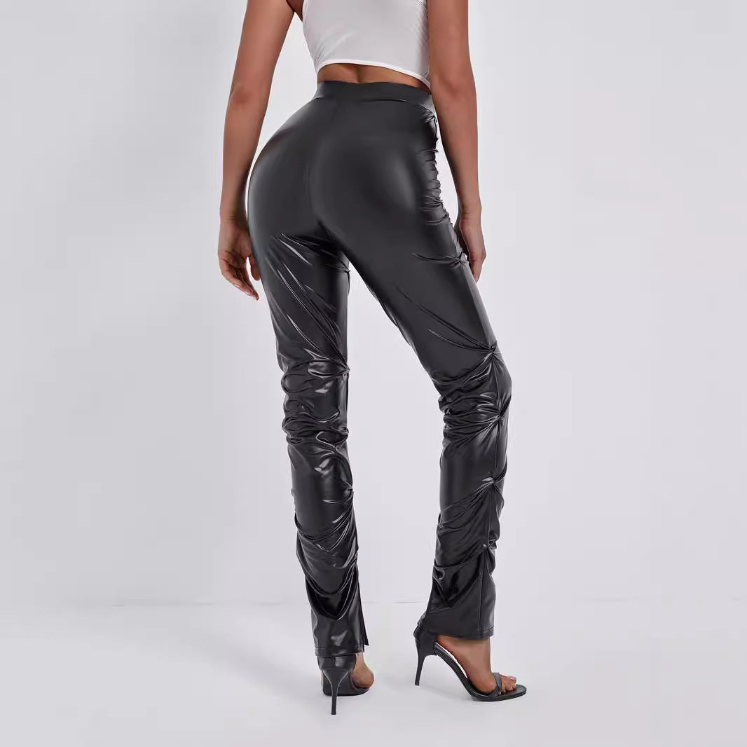 Women Pants Tight Side Fold Split High Elastic Faux Leather Nipped Waist Trousers