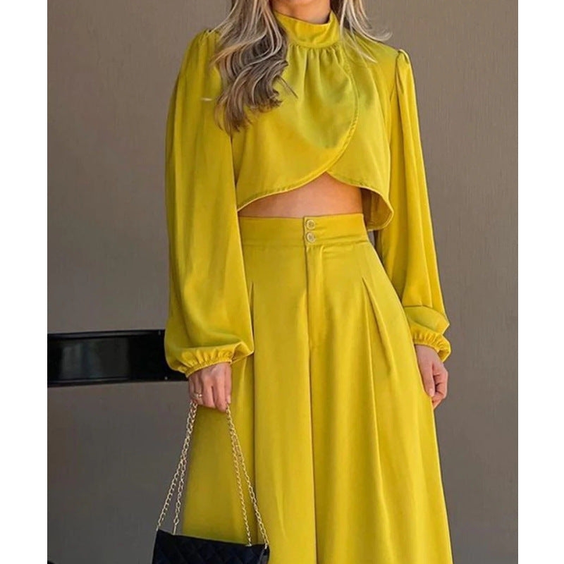 Women Clothing Office Irregular Asymmetric Top High Waist Wide Leg Pants Set Summer