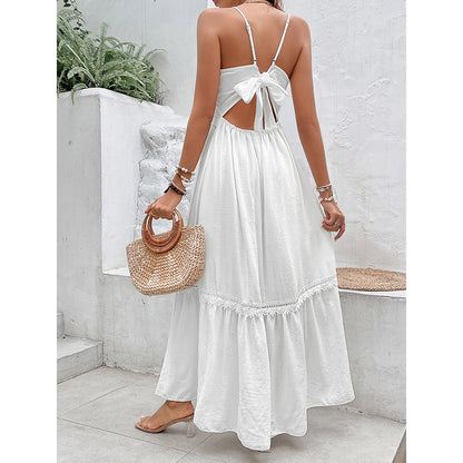 Women White Vacation Dress Loose Slimming Sling Backless Sexy Dress