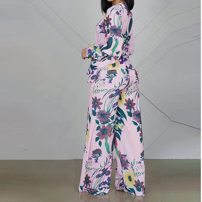 Women Clothing Printed V neck Puff Sleeve Shirt High Waist Wide Leg Pants Set