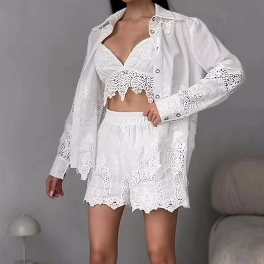 Casual Suit Summer Affordable Luxury Collared Embroidery Hollow Out Cutout Shirt Shorts Two Piece Women Clothing