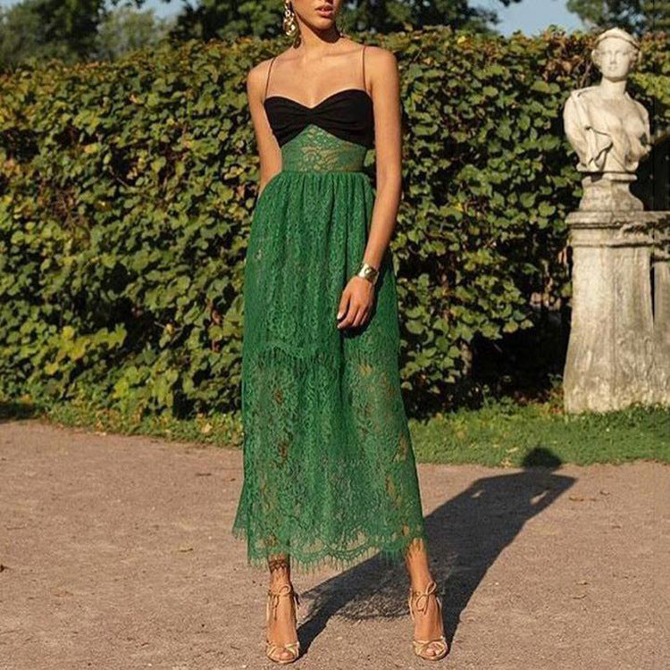 Robe longue en dentelle verte pour femmes, vêtements Sexy, bretelles, ajouré, découpe, vacances