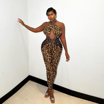 Women Clothing Summer Mesh Stitching Leopard Print Backless Sexy Jumpsuit