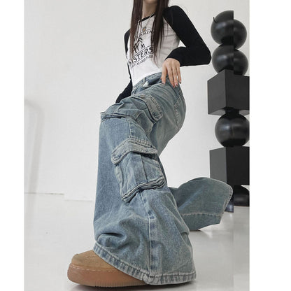 Big Workwear with Pocket Jeans Women's Distressed Blue Loose-Fitting Drape Straight Mop Trousers