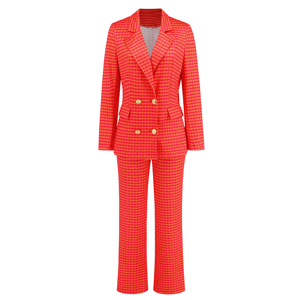 Autumn Winter Women Clothing Houndstooth Double Breasted Blazer Slim Fit Straight Trousers Suit