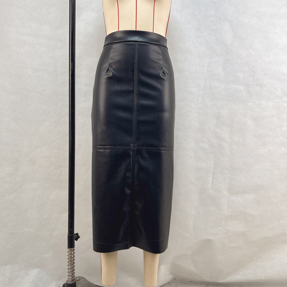 Women Clothing Winter High Waist Slimming Slit Skirt Faux Leather Mid Length Hip Skirt