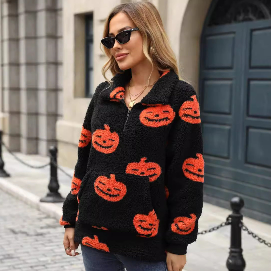 Autumn Winter Women Clothing Halloween Pumpkin Printed Half Zipper Plush Pullover Sweater