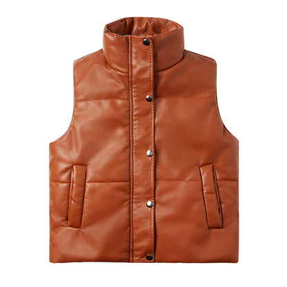 Automne Hiver Femmes Gilet En Cuir Sans Manches Matelassé Zippé Coton Rembourré Veste Col Montant