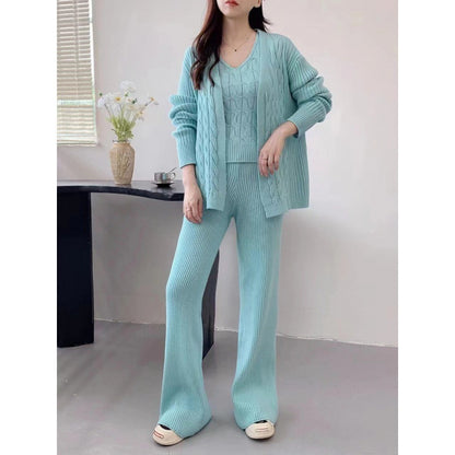 Autumn Winter Idle Knitting Suit Women Loose Cardigan Sling Bottoming Shirt Lengthened Wide Leg Pants Three Piece Set