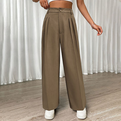 Women Clothing Office Pleated Loose High Waist Straight Pants Casual Pants Solid Color Pants Women Summer Pants Women