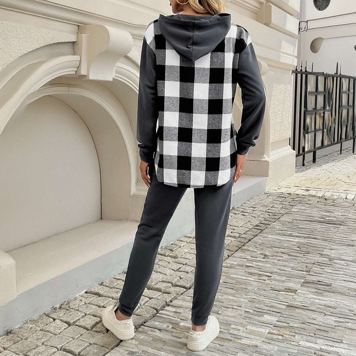 Automne Hiver Femmes Vêtements Décontracté Contraste Couleur Plaid Pull À Capuche Cheville Noué Pantalon Costume