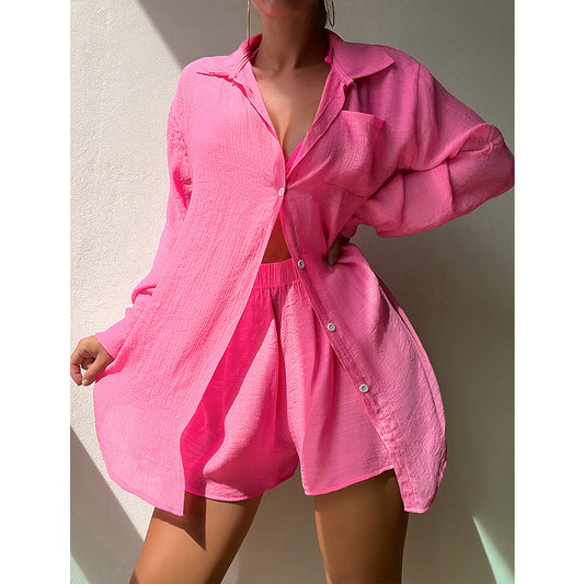 Beach Vacation Solid Color Shirt Suit Sexy Loose Sun Protective Clothing Casual Beach Swimsuit Blouse