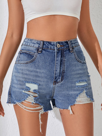 Taille haute minceur Denim Shorts femmes été coupe ajustée pantalon ajusté déchiré Denim