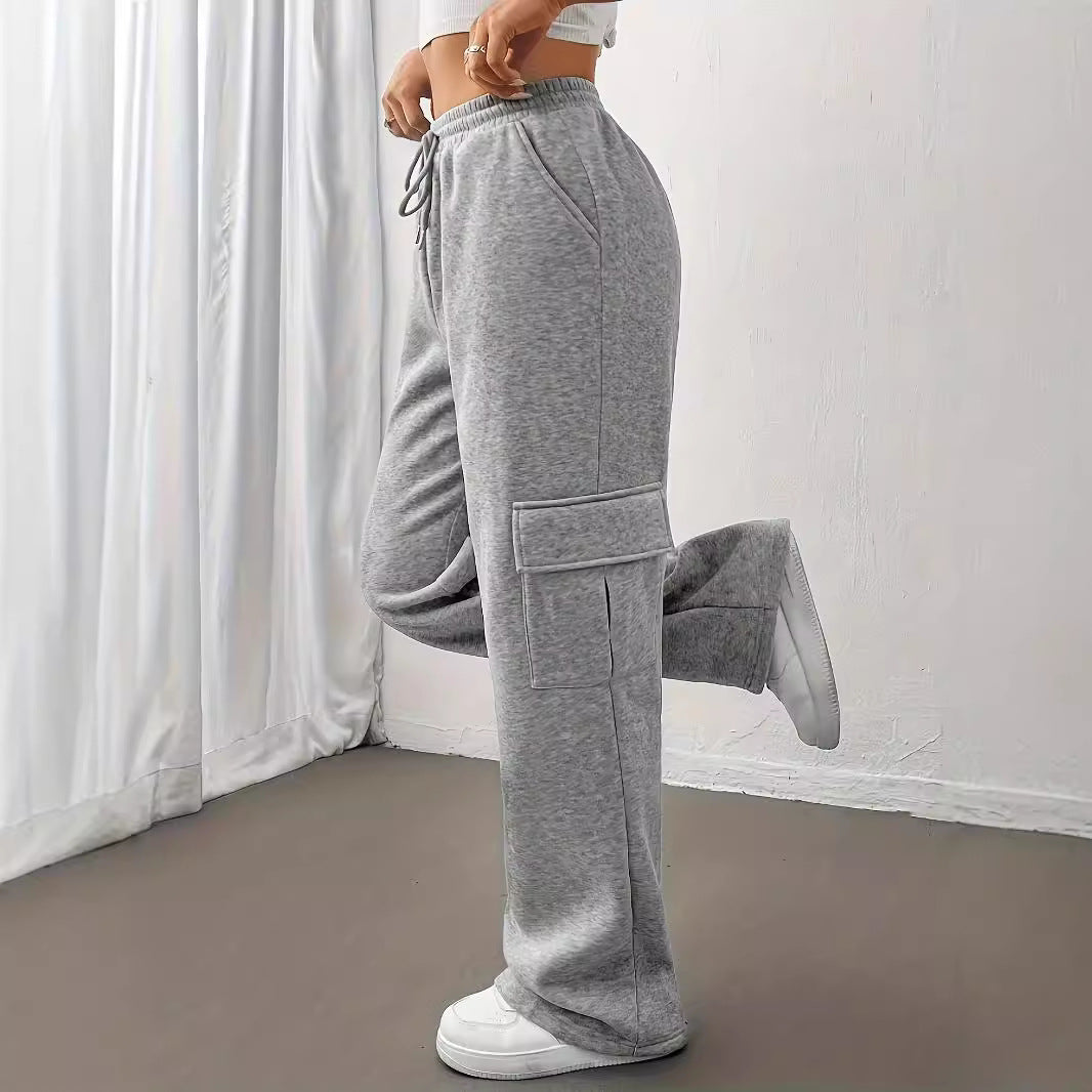 Pantalones deportivos grises para mujer, pantalones casuales de otoño e invierno, pantalones holgados de pierna ancha para mujer