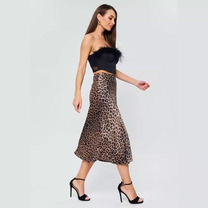 Falda de satén para mujer, de verano, de cintura alta, con cremallera, estilo hipster, con estampado de leopardo