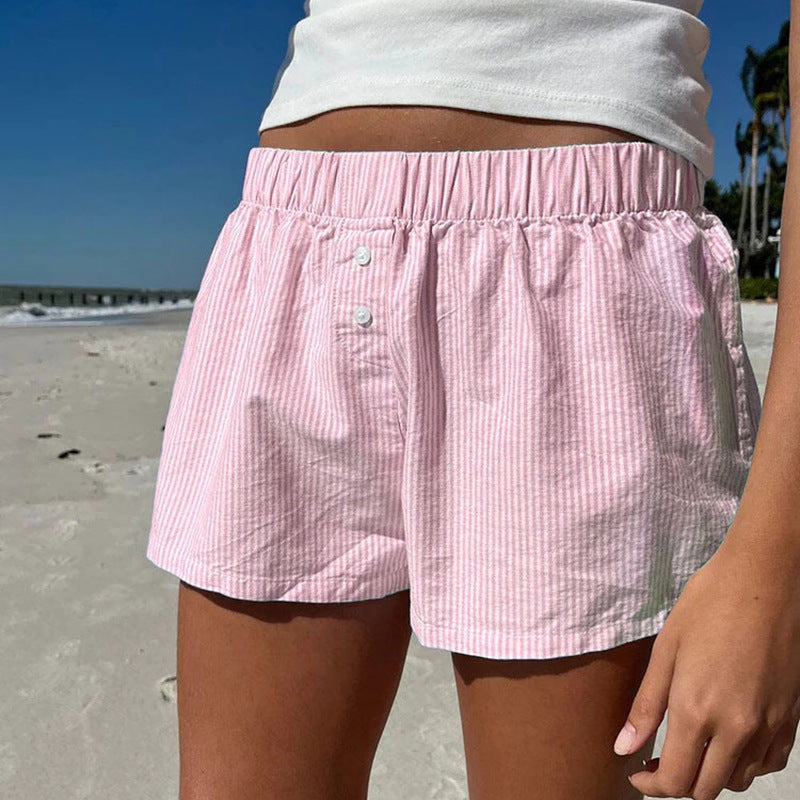 Pantalones cortos de playa a rayas azules simples para vacaciones, pantalones informales holgados con cintura elástica para deportes en casa para mujer