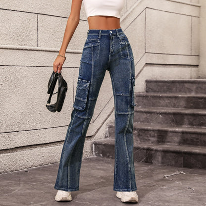 Pantalon Cargo à la mode multi-poches, Sexy, taille haute, droit, amincissant, en Denim, pour femmes