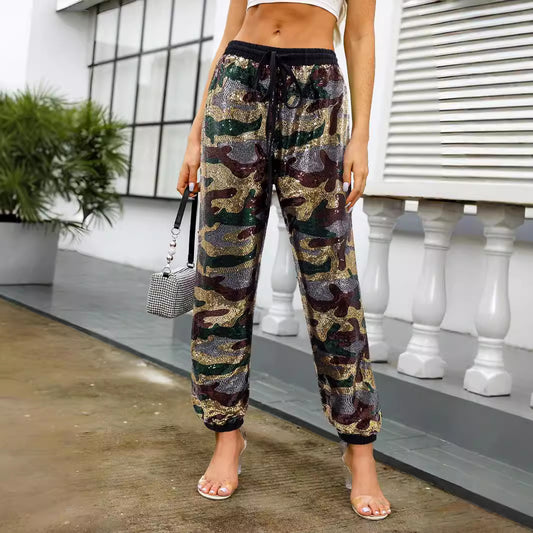 Pantalon décontracté à paillettes camouflage taille haute élastique pantalon à bandes à la cheville jambe droite ample