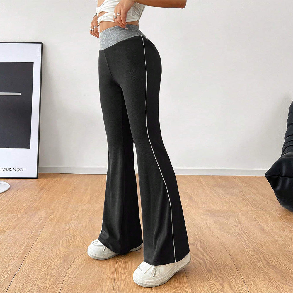 Women Clothing All Match Office Tight Casual Pants Autumn Winter Elastic Waist Contrast Color Wide Leg Pants