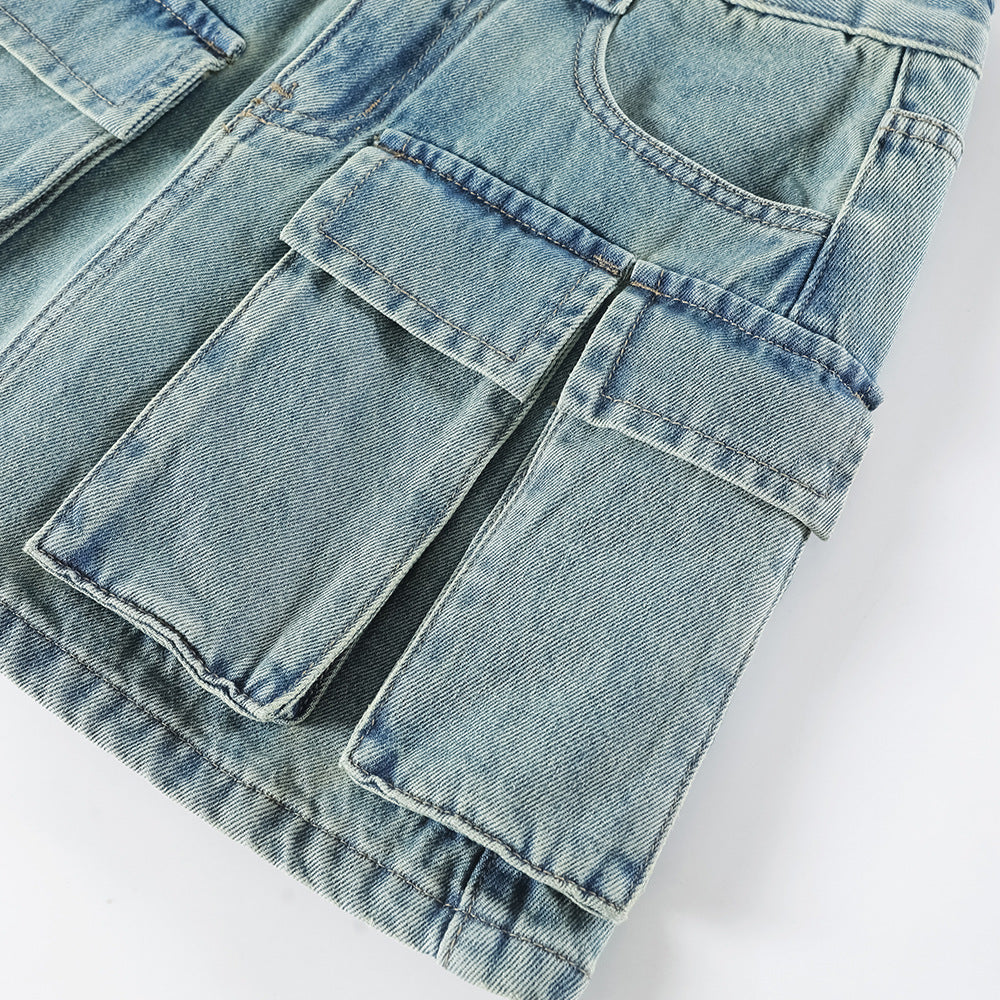 Denim Cargo Pants Shorts Emerald Blue High Waist Slimming Denim Skirt Cargo Pocket Pantskirt