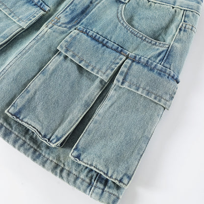 Denim Cargo Pants Shorts Emerald Blue High Waist Slimming Denim Skirt Cargo Pocket Pantskirt