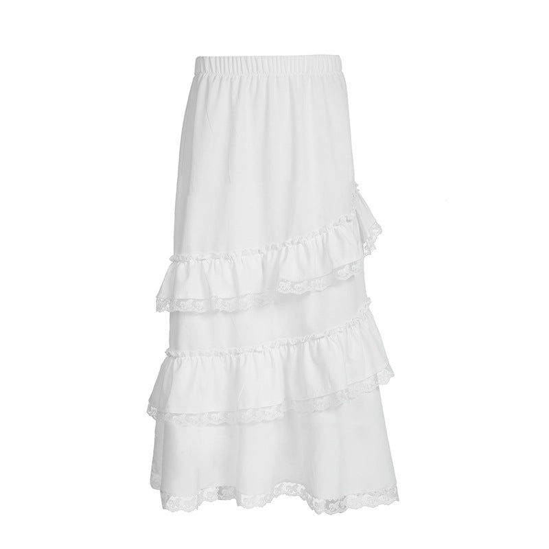 Autumn Winter Sexy White Lace Stitching Sweet Girl Elegant Cake Skirt