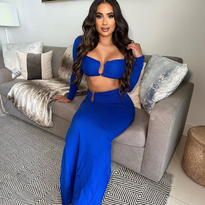 Women Clothing Summer Popular Sexy Bandeau Long Sleeve Back Slit Skirt Set