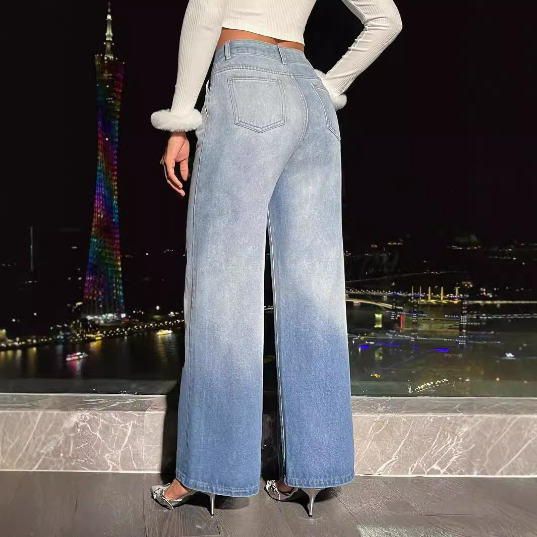 Women Clothing Straight Loose High Waist Denim Trousers